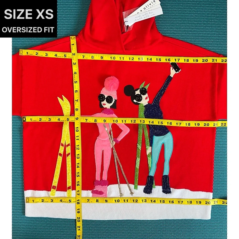 Alice + Olivia Oscar Red Embellished Stace Face Pullover Hoodie Sweater Top